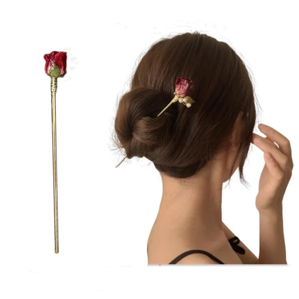 French Hair Pins Dried Flower Rose Bead Elegant Metal Hair Chignon Accessory